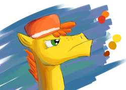 Size: 690x496 | Tagged: safe, artist:tggeko, carrot cake, earth pony, pony, g4, abstract background, bust, frown, hat, male, solo, stallion