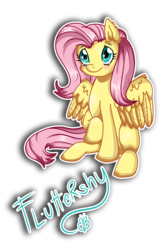 Size: 2000x3000 | Tagged: safe, artist:pastelflakes, fluttershy, pegasus, pony, g4, blushing, female, high res, mare, name, outline, raised hoof, simple background, sitting, smiling, solo, spread wings, three quarter view, transparent background, white outline, wings