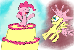 Size: 800x542 | Tagged: safe, artist:tggeko, fluttershy, pinkie pie, g4, cake, popping out of a cake