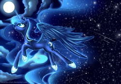 Size: 3756x2612 | Tagged: dead source, safe, artist:rebecka-chan, princess luna, alicorn, pony, g4, cloud, cloudy, constellation, female, flying, jewelry, looking up, mare, moon, night, regalia, signature, sky, solo