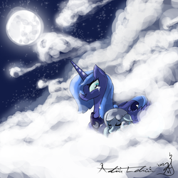 Size: 1024x1024 | Tagged: safe, artist:littlenoxienocte, princess luna, oc, pegasus, pony, g4, cloud, cloudy, moon, sleeping