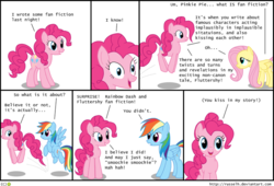 Size: 735x500 | Tagged: safe, artist:thelastgherkin, fluttershy, pinkie pie, rainbow dash, g4, comic, dinosaur comics, fanfic, implied flutterdash, implied kissing, ponified, shipper on deck