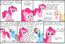 Size: 735x500 | Tagged: safe, artist:thelastgherkin, fluttershy, pinkie pie, rainbow dash, g4, read it and weep, the last roundup, comic, dinosaur comics, headcanon