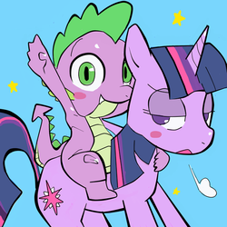 Size: 600x600 | Tagged: safe, artist:baigak, spike, twilight sparkle, dragon, pony, unicorn, g4, dragons riding ponies, duo, pixiv, riding, simple background, spike riding twilight, unicorn twilight