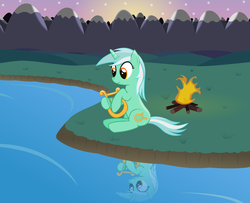 Size: 900x731 | Tagged: safe, artist:joey, lyra heartstrings, pony, unicorn, g4, campfire, lyre, mountain, musical instrument, water