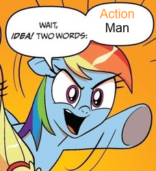 Size: 334x366 | Tagged: safe, idw, applejack, rainbow dash, g4, action man, comic, exploitable meme, hasbro, meme, two words meme