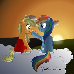 Size: 4722x4722 | Tagged: safe, artist:gutovi, applejack, rainbow dash, g4, absurd resolution, applebetes, boop, clothes, cloud, cute, dashabetes, dress, female, lesbian, ship:appledash, shipping, sunset, sweet dreams fuel