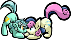 Size: 849x477 | Tagged: safe, artist:fizzy-dog, bon bon, lyra heartstrings, sweetie drops, earth pony, pony, unicorn, g4, boop, duo, noseboop, simple background, smiling, transparent background