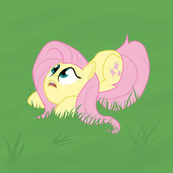 Size: 1500x1500 | Tagged: safe, artist:shovrike, fluttershy, pegasus, pony, g4, female, frown, grass, looking up, mare, open mouth, prone, solo