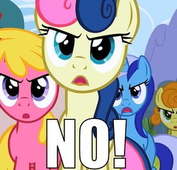 Size: 750x720 | Tagged: safe, edit, edited screencap, screencap, bon bon, carrot top, cherry berry, golden harvest, minuette, sweetie drops, earth pony, pony, unicorn, g4, the super speedy cider squeezy 6000, angry, bon bon is not amused, caption, image macro, no, reaction image