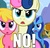 Size: 750x720 | Tagged: safe, edit, edited screencap, screencap, bon bon, carrot top, cherry berry, golden harvest, minuette, sweetie drops, earth pony, pony, unicorn, g4, the super speedy cider squeezy 6000, angry, bon bon is not amused, caption, image macro, no, reaction image