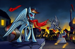 Size: 900x599 | Tagged: safe, artist:asimos, rainbow dash, pegasus, pony, g4, clothes, evil, female, invasion, mare, revolution, scarf, solo focus, statue