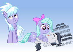 Size: 1206x856 | Tagged: safe, artist:changeling #209458, cloudchaser, flitter, rumble, pegasus, pony, g4, eyeroll, female, male, ship:flitterumble, shipping, straight, tickling, trio