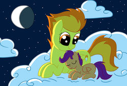 Size: 1557x1049 | Tagged: safe, artist:tggeko, scootaloo, spitfire, g4, cloud, cloudy, crescent moon, eyes closed, night, prone, scootalove, sleeping, smiling