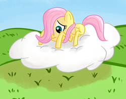 Size: 1009x796 | Tagged: safe, artist:tggeko, fluttershy, g4, cloud, filly, frown, prone, scared
