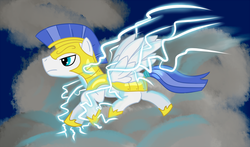 Size: 1800x1058 | Tagged: safe, artist:tggeko, pegasus, pony, cloud, cloudy, flying, lightning, male, royal guard, solo