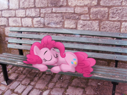 Size: 2560x1920 | Tagged: safe, artist:colorfulbrony, pinkie pie, g4, bench, irl, photo, ponies in real life, sleeping