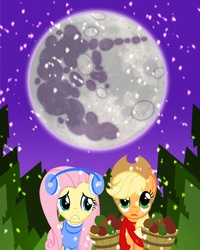 Size: 1440x1800 | Tagged: safe, artist:pixelkitties, applejack, fluttershy, g4, apple, clothes, earmuffs, mare in the moon, moon, scarf