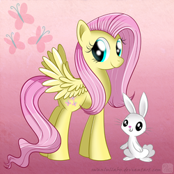 Size: 700x700 | Tagged: safe, artist:swanlullaby, angel bunny, fluttershy, pegasus, pony, rabbit, g4, animal, cutie mark, female, mare, smiling