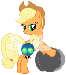 Size: 2300x2600 | Tagged: safe, artist:mihaaaa, applejack, earth pony, parasprite, pony, g4, artifact, duo, female, mare, rock, simple background, smiling, transparent background, vector