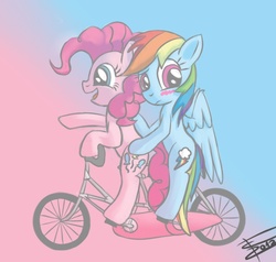 Size: 700x666 | Tagged: safe, artist:crade, pinkie pie, rainbow dash, g4, bicycle, blushing, female, lesbian, ship:pinkiedash, shipping