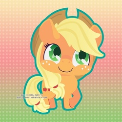 Size: 450x450 | Tagged: safe, artist:miss-glitter, applejack, earth pony, pony, g4, abstract background, chibi, colored pupils, crossed hooves, cute, female, freckles, gradient background, mare, smiling, solo
