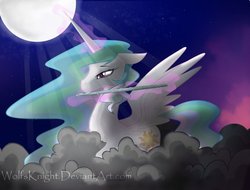 Size: 1025x779 | Tagged: safe, artist:wolfsknight, princess celestia, pony, g4, cloud, female, flute, moon, musical instrument, night, solo