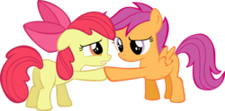 Size: 6650x3301 | Tagged: safe, artist:pangbot, apple bloom, scootaloo, earth pony, pegasus, pony, g4, duo, duo female, female, filly, foal, hoofbump, simple background, transparent background, vector