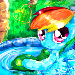 Size: 4000x4000 | Tagged: safe, artist:wendysakana, rainbow dash, tank, pegasus, pony, tortoise, g4, female, heart, looking at you, mare, signature, spread wings, swimming pool, wings