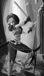 Size: 1851x3159 | Tagged: safe, artist:polyle, applejack, human, g4, grayscale, gun, humanized, monochrome, neo noir, partial color, sword, weapon