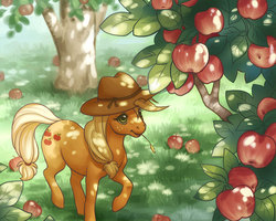 Size: 800x640 | Tagged: safe, artist:celesse, applejack, g4, apple, apple tree, cottagecore, female, mare, orchard, solo, straw in mouth, tree