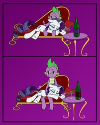 Size: 1158x1441 | Tagged: safe, artist:pia-sama, artist:voodoogecko, rarity, spike, pony, unicorn, g4, comic, crying, drinking alone except with two, female, male, mare, ship:sparity, shipping, straight, wine, wine glass, wip