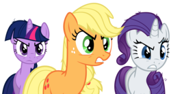 Size: 9970x5500 | Tagged: safe, artist:drfatalchunk, applejack, rarity, twilight sparkle, earth pony, pony, unicorn, g4, swarm of the century, absurd resolution, angry, female, hatless, mare, missing accessory, simple background, transparent background, trio, unicorn twilight, vector