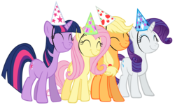 Size: 8000x4816 | Tagged: safe, artist:are-you-jealous, applejack, fluttershy, rarity, twilight sparkle, g4, party of one, absurd resolution, eyes closed, happy, hat, party hat, simple background, smiling, transparent background, vector