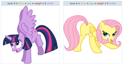 Size: 527x281 | Tagged: safe, fluttershy, twilight sparkle, alicorn, pegasus, pony, g4, butt, exploitable meme, female, juxtaposition, juxtaposition win, mare, plot, twilight sparkle (alicorn)