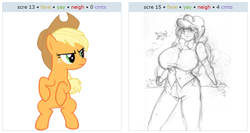 Size: 1056x562 | Tagged: safe, artist:moronsonofboron, applejack, twist, human, g4, big breasts, breasts, busty twist, exploitable meme, female, glasses, humanized, juxtaposition, juxtaposition win, simple background, vector, white background