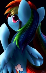 Size: 1250x1960 | Tagged: safe, artist:dshou, rainbow dash, pegasus, pony, g4, black background, female, looking at you, looking back, looking back at you, mare, simple background, solo, spread wings, wings