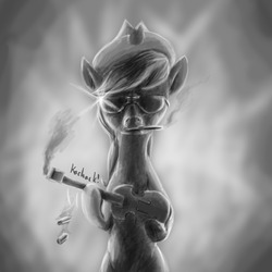 Size: 1280x1280 | Tagged: safe, artist:scayged, fiddlesticks, pony, g4, apple family member, female, fiddle, monochrome, smoking, solo, sunglasses