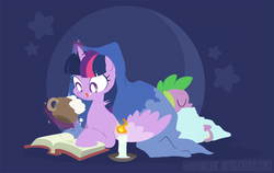 Size: 1200x756 | Tagged: safe, artist:egophiliac, spike, twilight sparkle, alicorn, pony, g4, blanket, book, candle, coffee, cup, drink, female, mare, reading, sleeping, tongue out, twilight sparkle (alicorn)