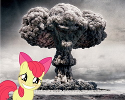 Size: 1280x1024 | Tagged: safe, artist:naihutsu92, edit, apple bloom, g4, blushing, disaster girl, embarrassed, faic, mushroom cloud, nuclear weapon, smiling