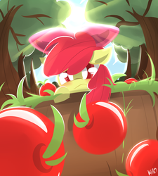 Size: 1800x2000 | Tagged: safe, artist:kty159, apple bloom, earth pony, pony, g4, apple, female, filly, food, solo, sunlight, tree