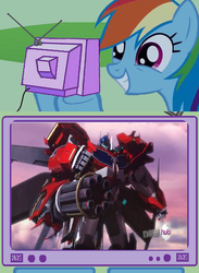 Size: 876x1200 | Tagged: safe, rainbow dash, g4, beast hunters, exploitable meme, hub logo, minigun, optimus prime, transformers, transformers prime, tv meme