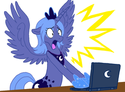 Size: 800x587 | Tagged: dead source, safe, artist:cartoonlion, princess luna, alicorn, pony, g4, computer, crown, female, horseshoes, internet, jewelry, laptop computer, mare, open mouth, regalia, s1 luna, screaming, shocked, simple background, solo, spread wings, table, white background, wings