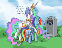 Size: 780x600 | Tagged: safe, princess celestia, rainbow dash, alicorn, pegasus, pony, g4, butt, celestia's grave meme, crysis, ea, exploitable meme, female, implied death, mare, nomad, plot