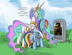 Size: 780x600 | Tagged: safe, princess celestia, rainbow dash, alicorn, pegasus, pony, g4, butt, celestia's grave meme, exploitable meme, female, grave, gravestone, implied death, lee everett, mare, plot, spoilers for another series, the walking dead