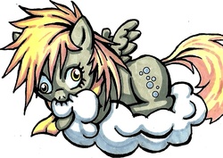 Size: 924x656 | Tagged: safe, artist:ponetron, derpy hooves, g4, biting, chibi, clothes, cloud, cute, filly, foal, nom, scarf