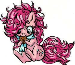 Size: 805x703 | Tagged: safe, artist:ponetron, pinkie pie, g4, chibi, clothes, cookie, cute, eating, filly, foal, nom, scarf