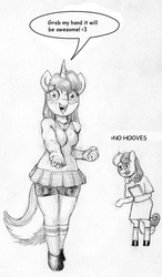 Size: 526x900 | Tagged: safe, artist:darkonix, bon bon, lyra heartstrings, sweetie drops, earth pony, anthro, g4, bipedal, clothes, duo, monochrome, schoolgirl