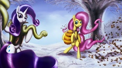 Size: 1920x1080 | Tagged: safe, artist:zolombo, fluttershy, rarity, bee, pony, snake, g4, my little pony: friendship is magic, winter wrap up, bipedal, duo