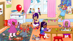 Size: 1653x931 | Tagged: safe, artist:pegasisteramelie, applejack, fluttershy, pinkie pie, rainbow dash, rarity, twilight sparkle, human, g4, balloon, dark skin, drawing, horn, horned humanization, humanized, interior, origins, playing, winged humanization, younger